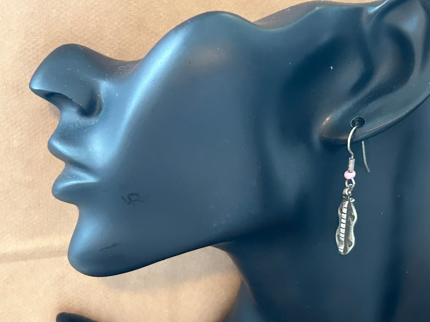 Sterling Silver 925 Pink Bead Heart Drop Dangly French Wires Earrings