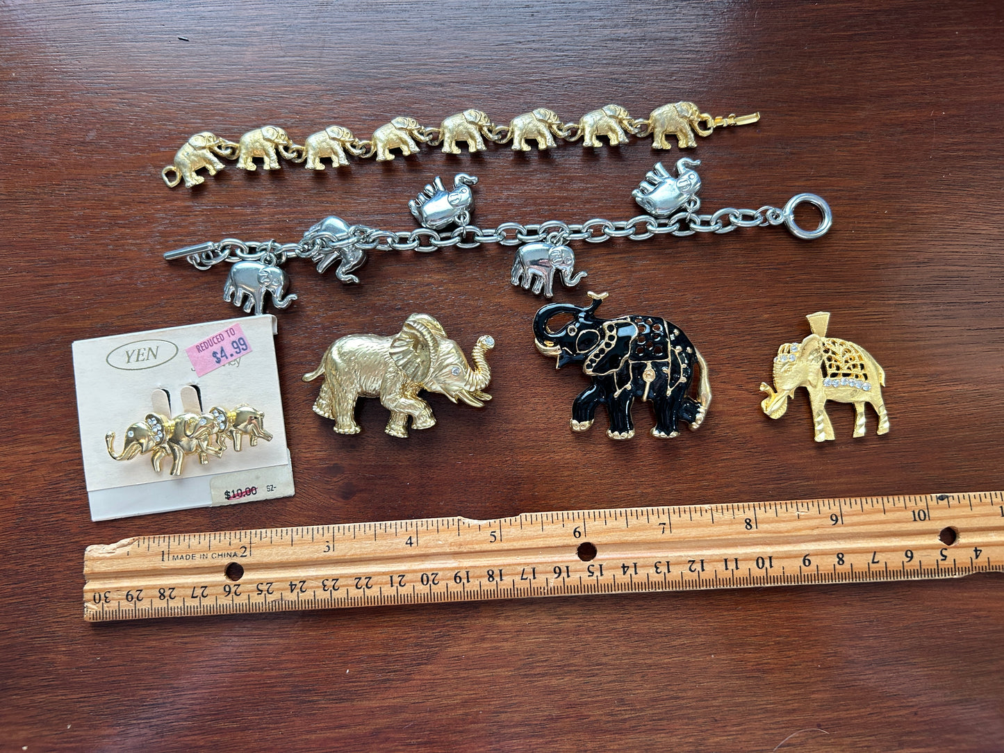 Vintage Elephant Animal Brooch Pin Bracelet  Lot Enamel Gold Tone Rhinestones
