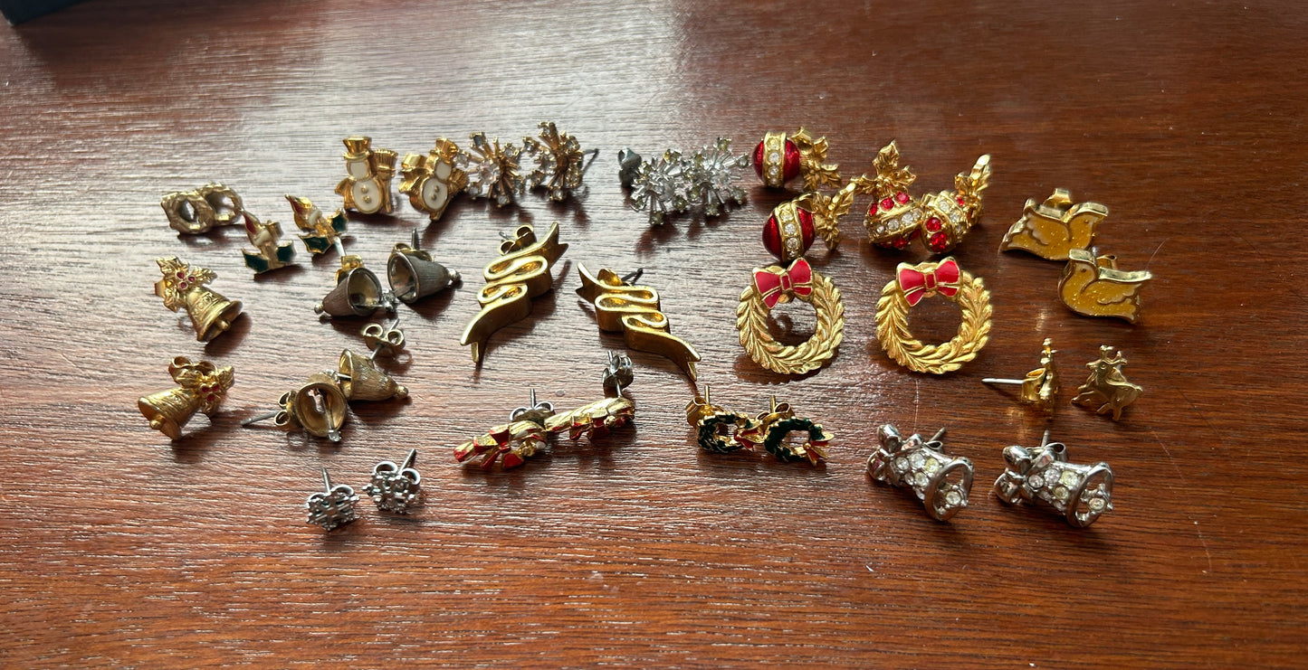 Vintage Lot of Pierced Stud Earrings Gold Silver Tone Red Enamel Bells Wreath