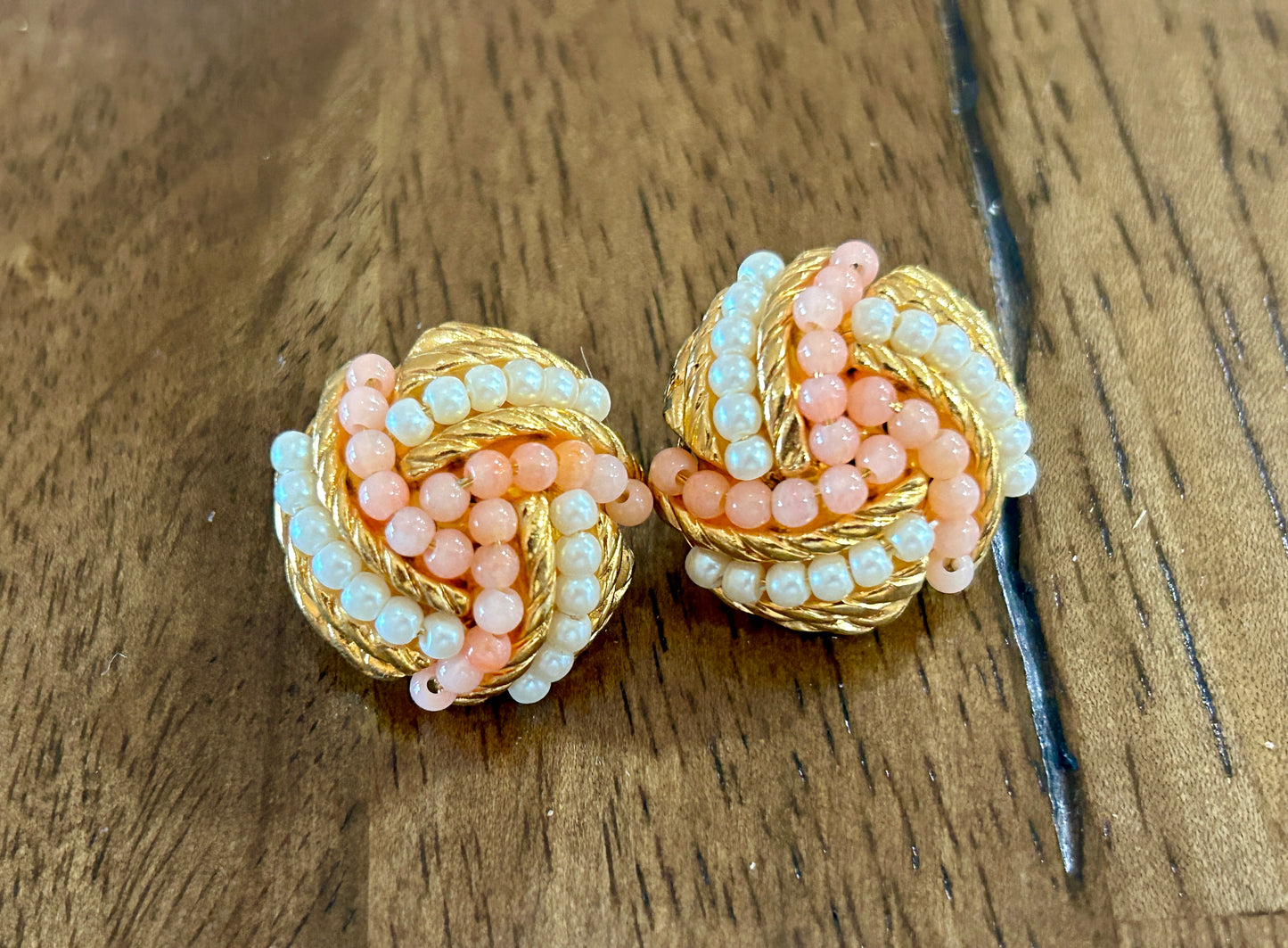 Vintage Signed Avon Beaded Faux Coral Pearl Clip On Earrings