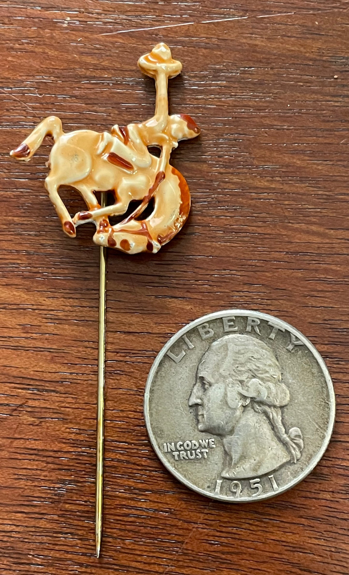 Vintage Glazed Ceramic Rodeo Horse Stick Hat Pin Bucking Bronco