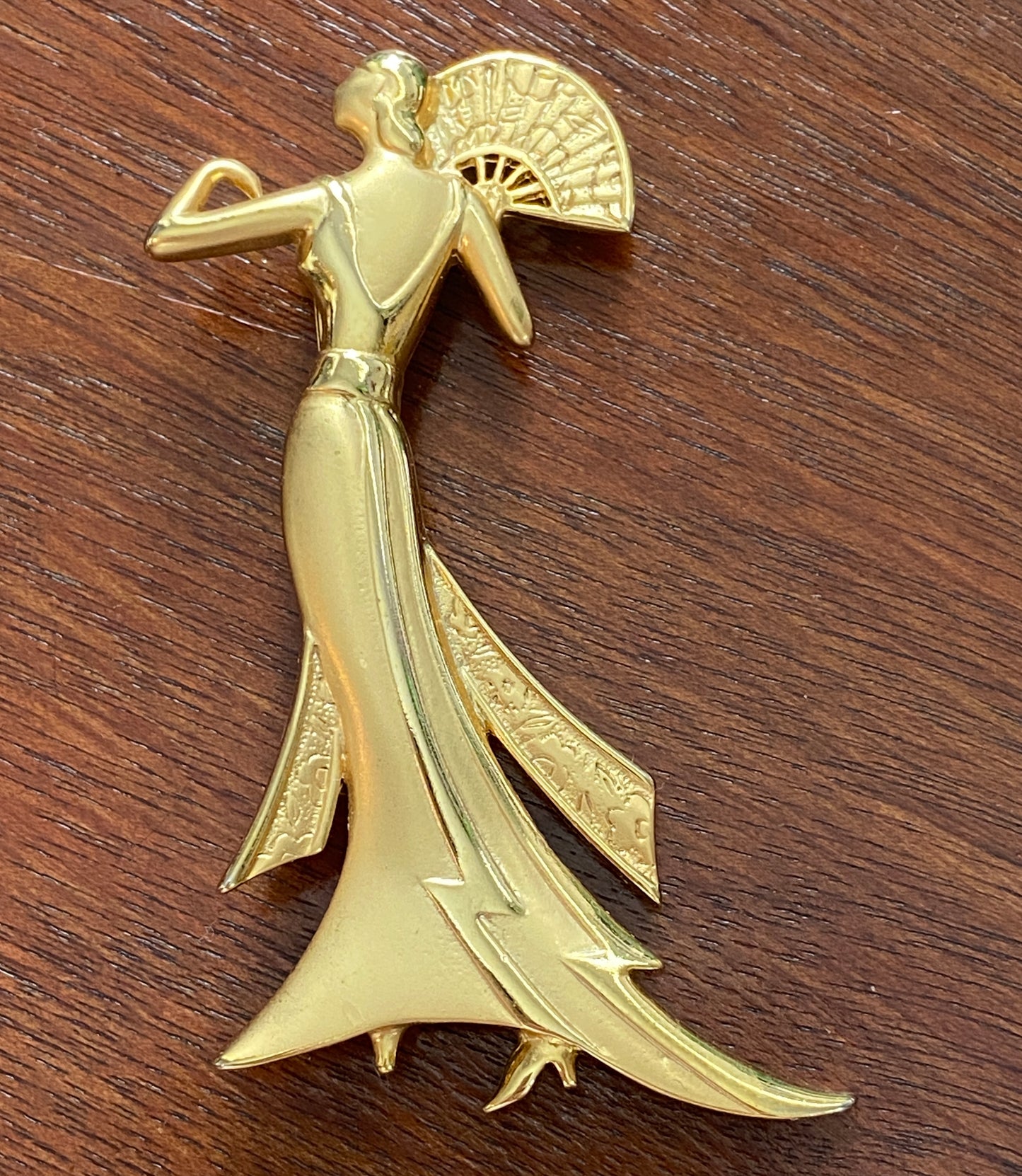 Vintage JJ Signed Lady Fan Gold Tone Brooch Pin