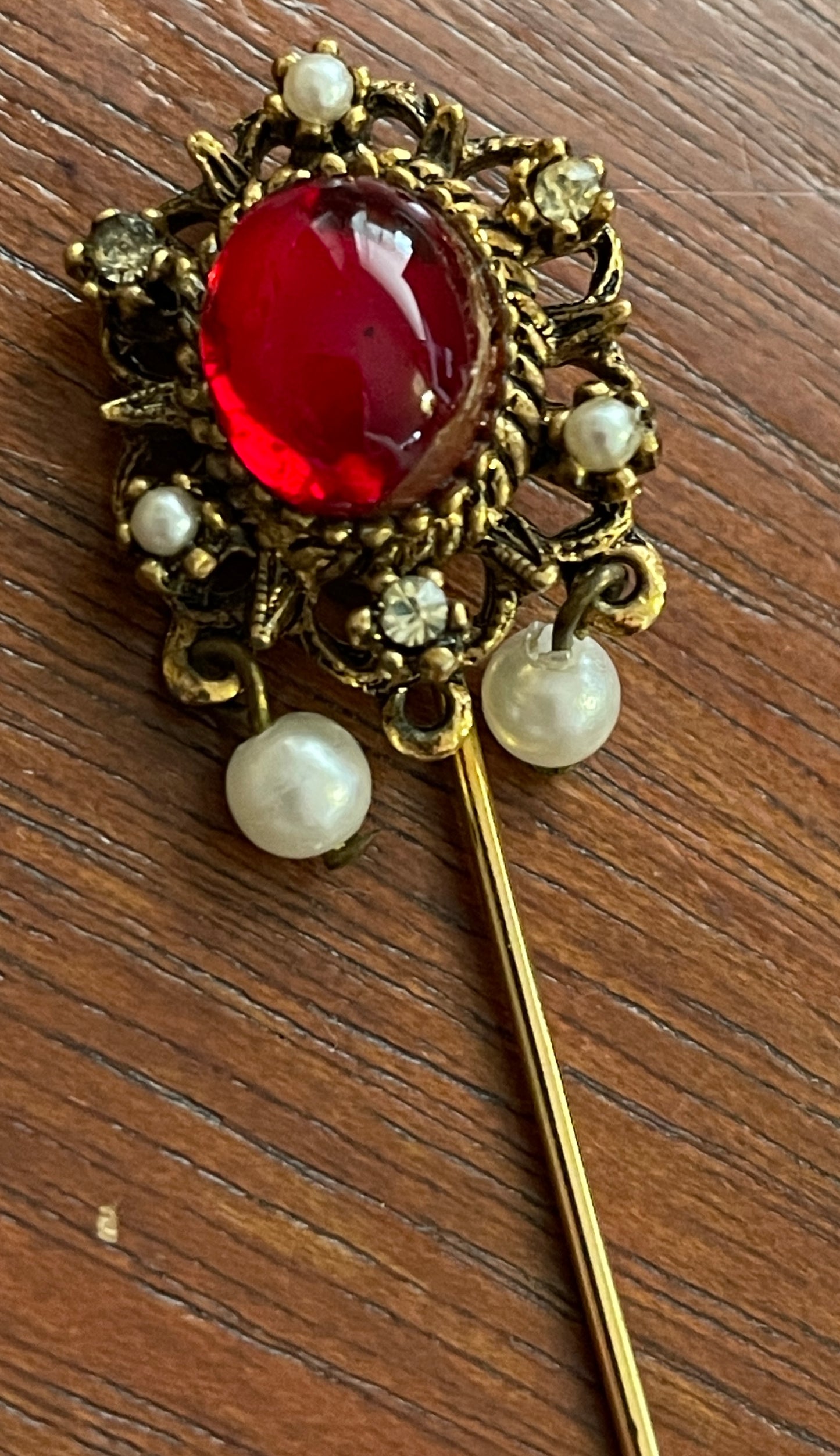 Vintage Gold Tone Hat Pin Red Glass Stone & Faux Pearl