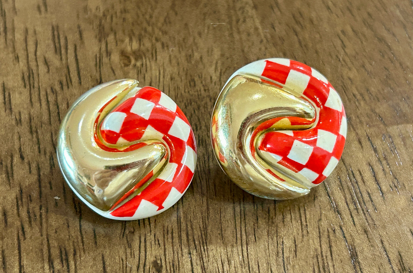 Vintage 80s White Red Checkered Gold Tone Large Clip On Earrings