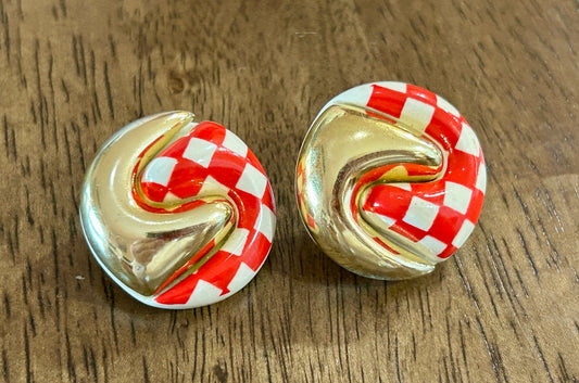 Vintage 80s White Red Checkered Gold Tone Large Clip On Earrings