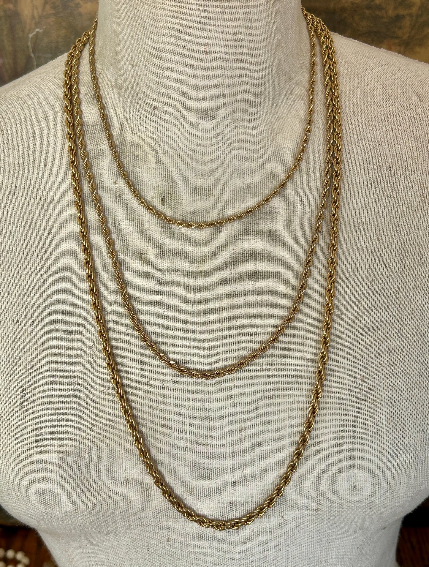 Lot of 3 Varying Length Gold Tone Rope Twist Chain Necklaces