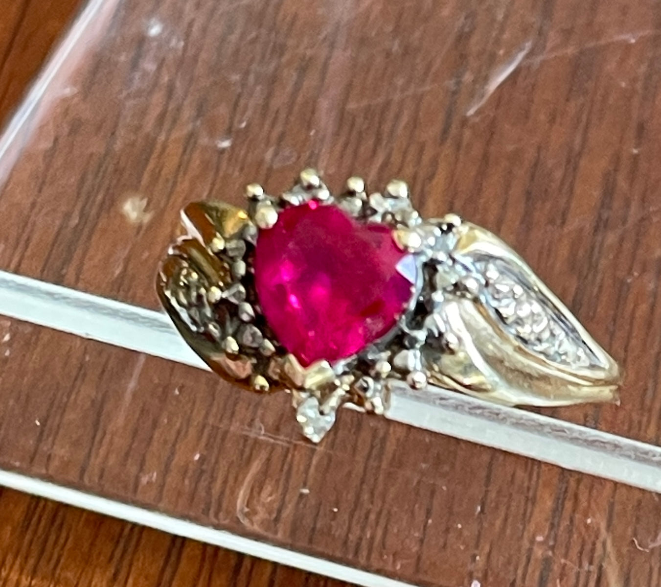 10k Yellow Gold Ring Simulated Ruby Heart with Diamond Accent Sz 7.25