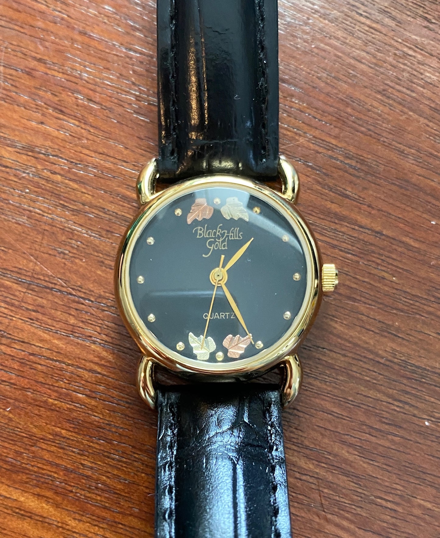 Black Hills Gold 12k Gold Leaves Black Leather Wristwatch