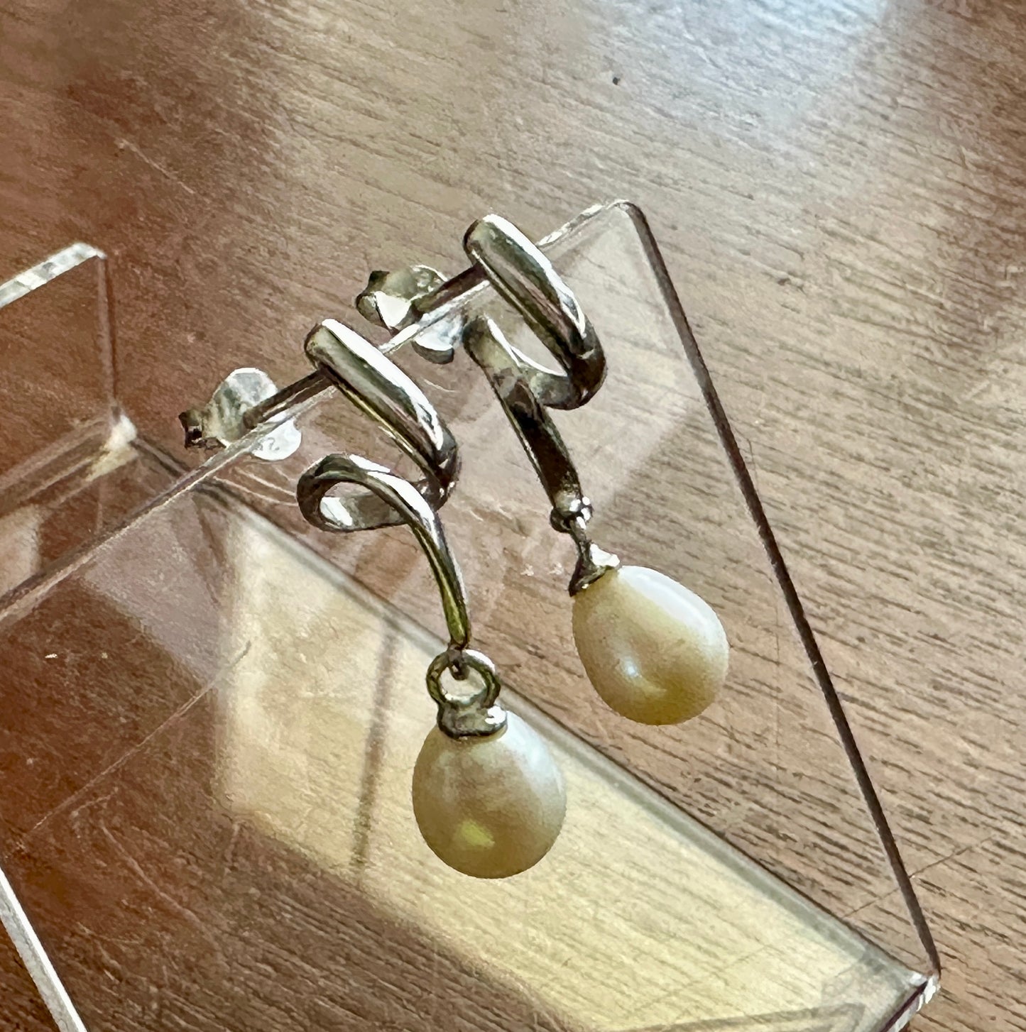 Sterling Silver 925 Pearl Drop Dangly Pierced Earrings