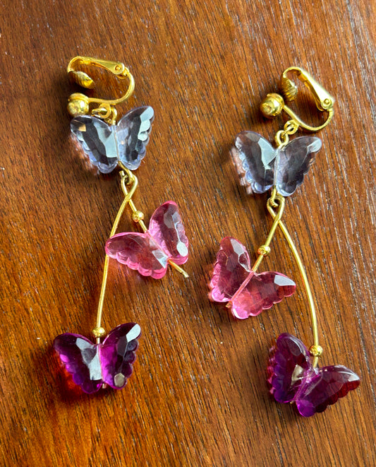 Vintage Avon Gold Tone Purple Pink Drop Clip On Earrings
