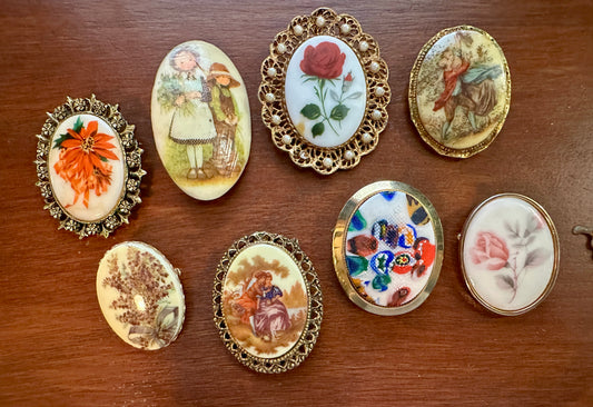 Vintage Victorian Style Portrait Regency Brooch Pin Lot Glass Painted Rose