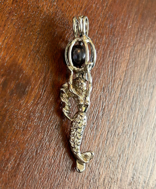 Vintage Silver Tone Mermaid Charm Pendant With Faux Black Pearl