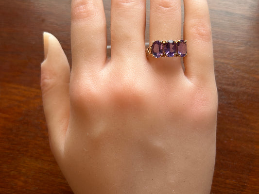 14k Yellow Gold 3 Oval Amethyst Cocktail Ring Sz 7.75