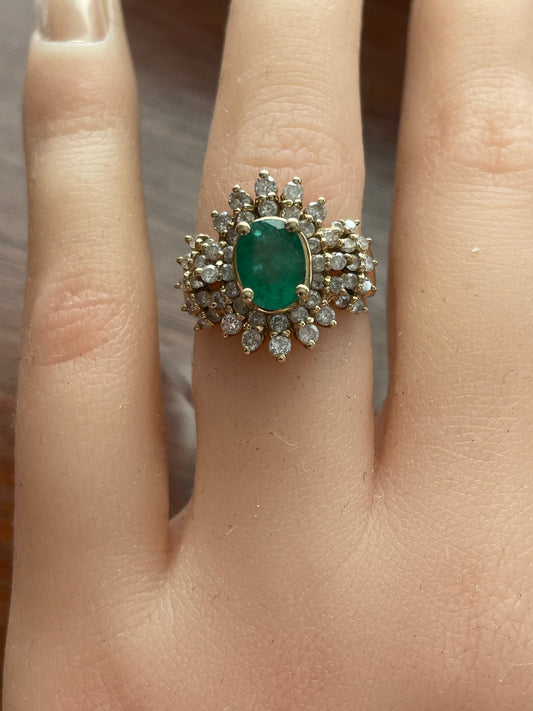 14K Yellow Gold Effy "BH" Emerald & Diamond Halo Cluster Ring Sz 4.75