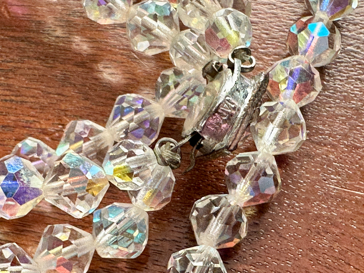 Vintage Faceted Glass AB Aurora Borealis Necklace Clip on Earrings Jewelry Set