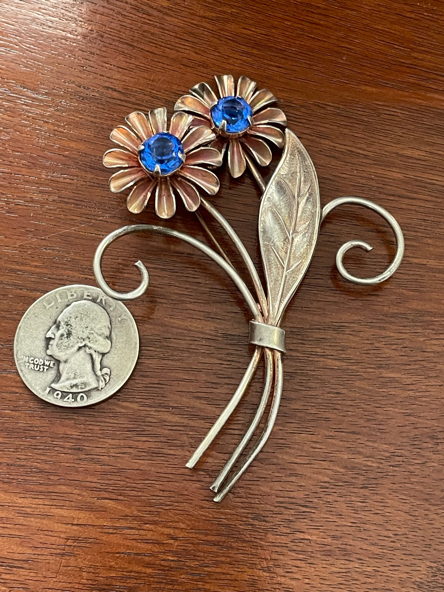 Vintage Sterling Silver 925 Blue Stone Flower Bouquet Brooch Pin