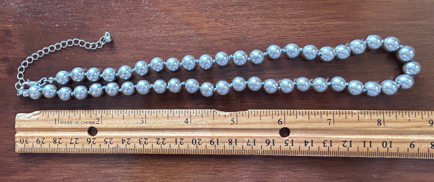 Vintage Gray Grey Silver Tone Single Strand Faux Pearl Necklace Hand Knotted