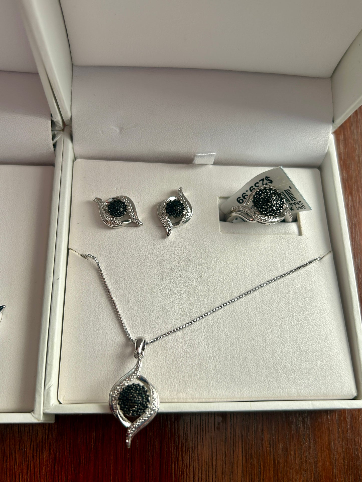 Silver Tone REAL White Black Blue Diamond Jewelry Set Earrings Ring Necklace