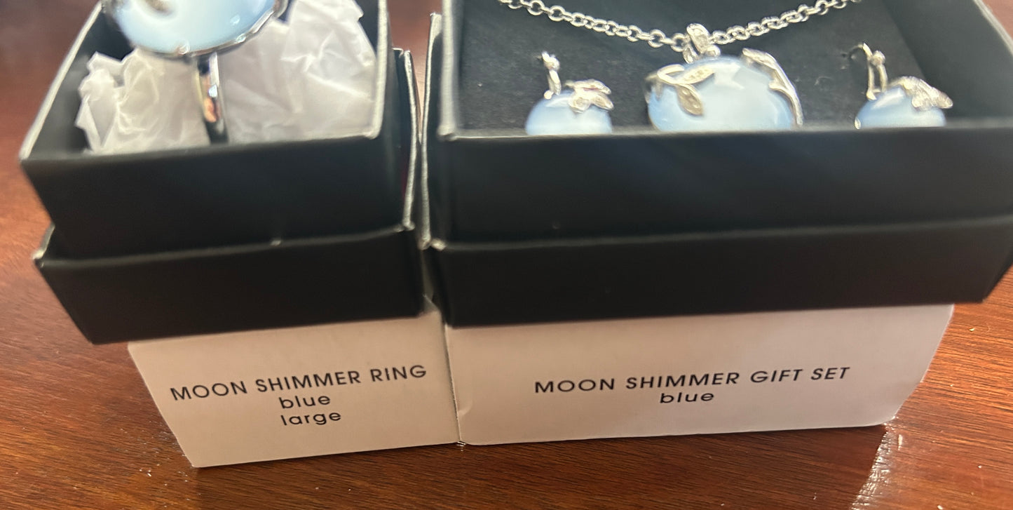 Avon Moon Shimmer Blue Gift Set Moonstone Pendant Necklace Earrings Ring Sz 10