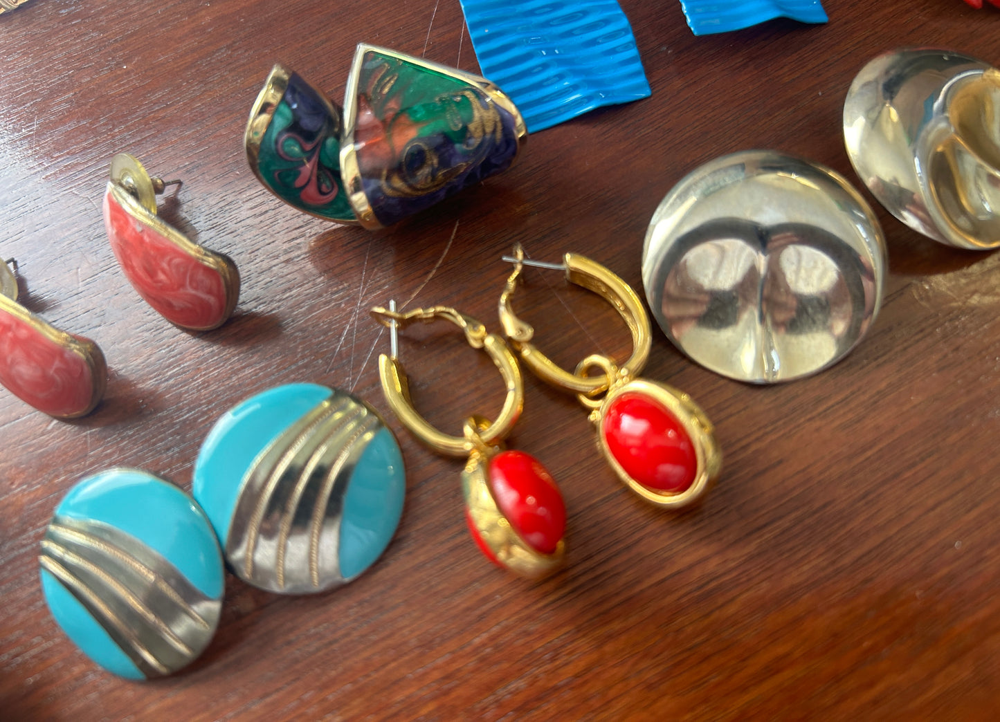 Vintage 80's Pierced Earrings Lot Enamel Swirl Bright Colors Dangly Doorknockers