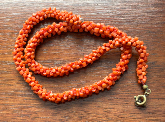 Vintage Real Coral Bead Single Strand Braided Necklace BROKEN