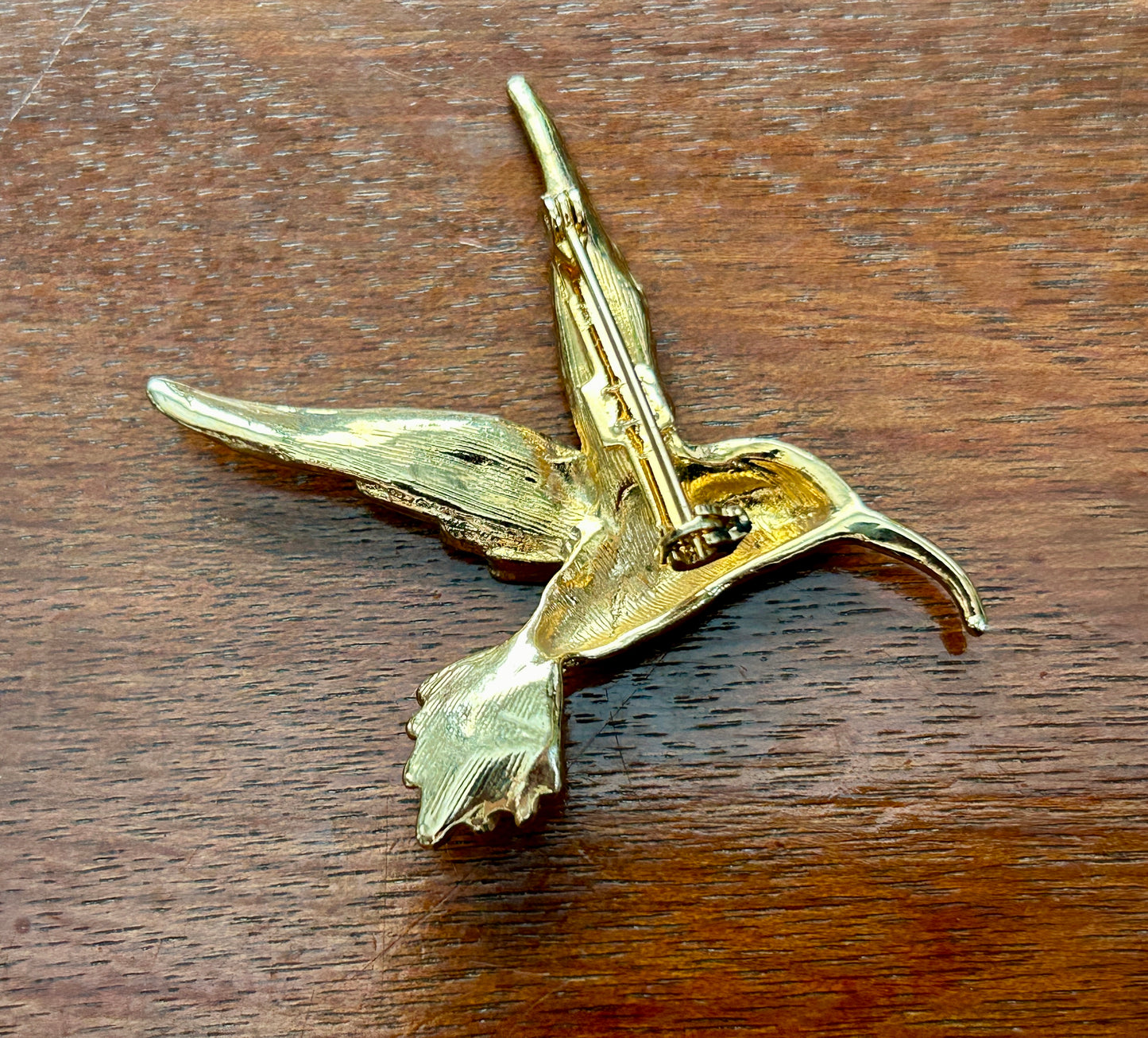 Vintage Gold Tone Rhinestone Red Eye Hummingbird Brooch Pin