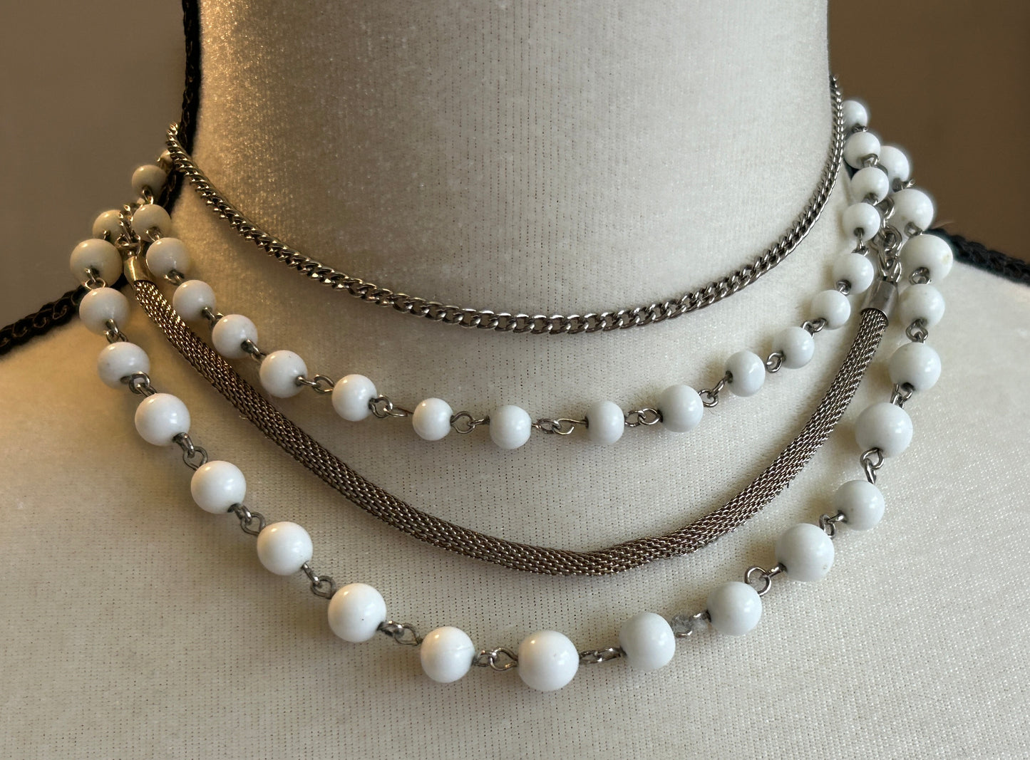 Vintage Silver Tone Milkglass Glass Bead Multistrand Choker Necklace