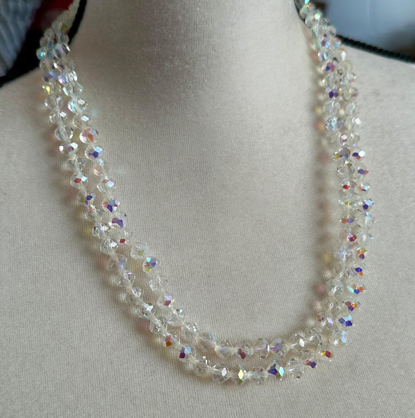 Vintage Faceted Glass AB Aurora Borealis Necklace Clip on Earrings Jewelry Set