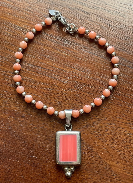 Vintage ATI Mexico Rhodochrosite Pendant and Coral Bead Bracelet