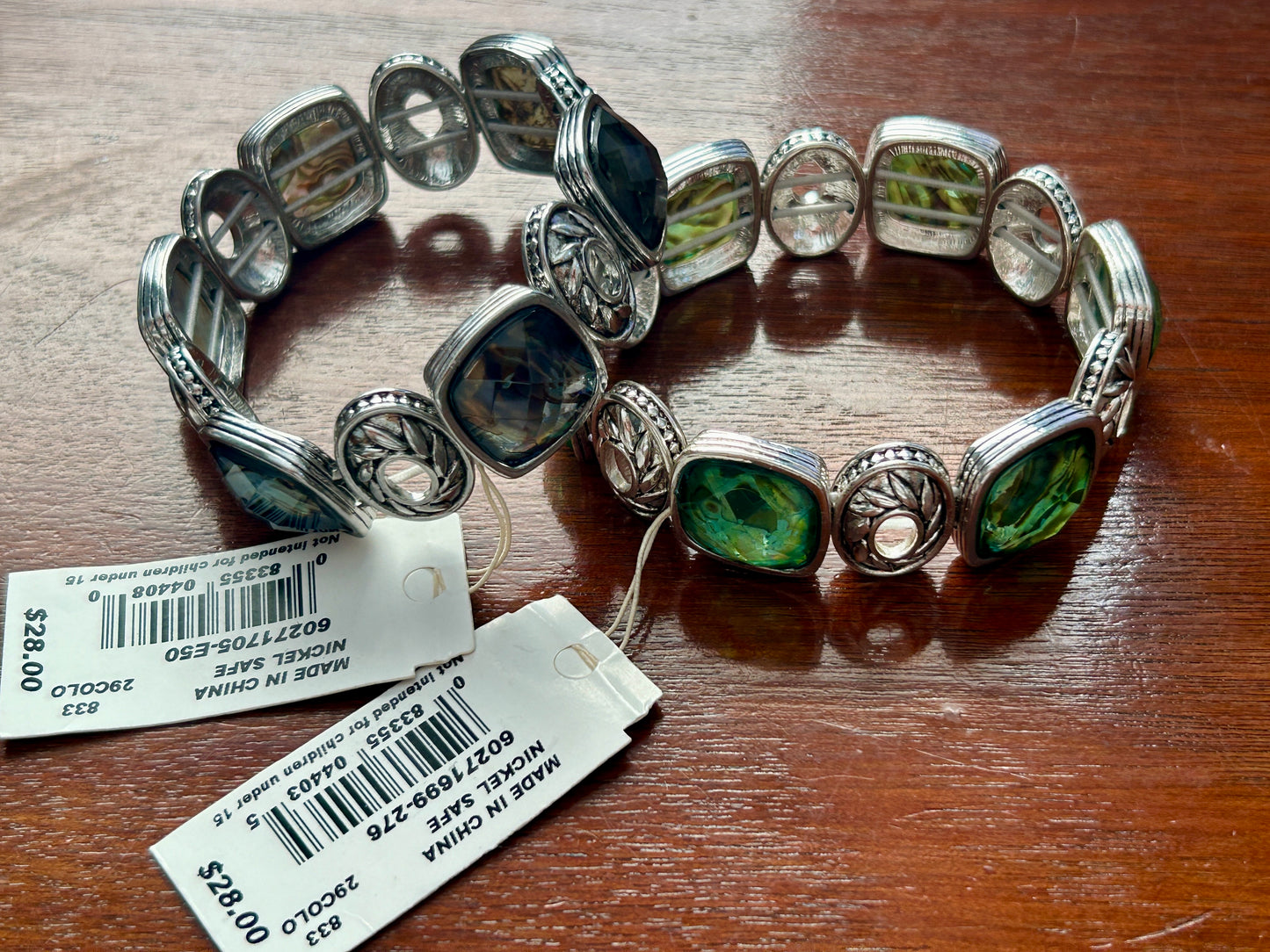 Set 2 Napier Silver Tone Stretch Bracelets Faceted Blue Green Faux Labradorite