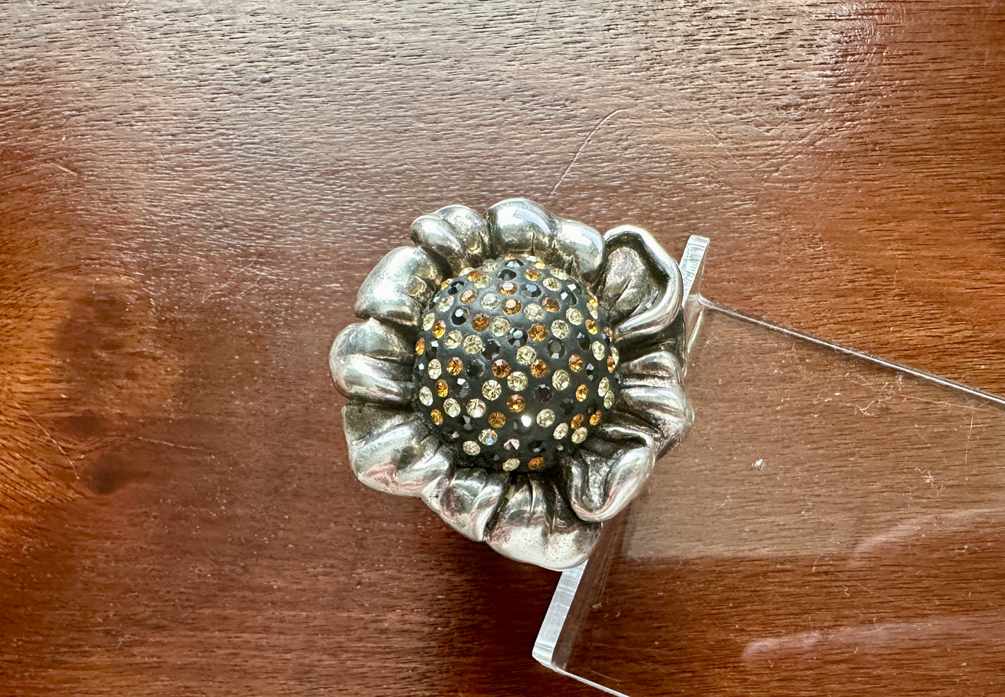 Massive Sterling Silver 925 Puffy Sunflower Rhinestone Cocktail Ring Sz 7.75