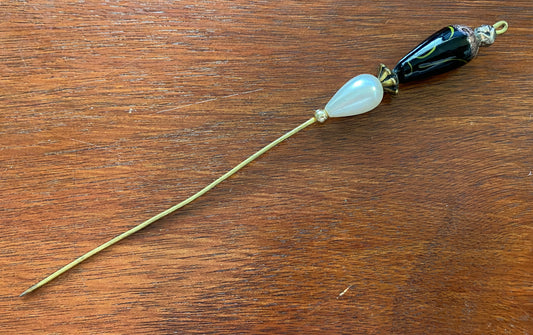Vintage Art Glass Faux Pearl Large Long Hat Stick Pin
