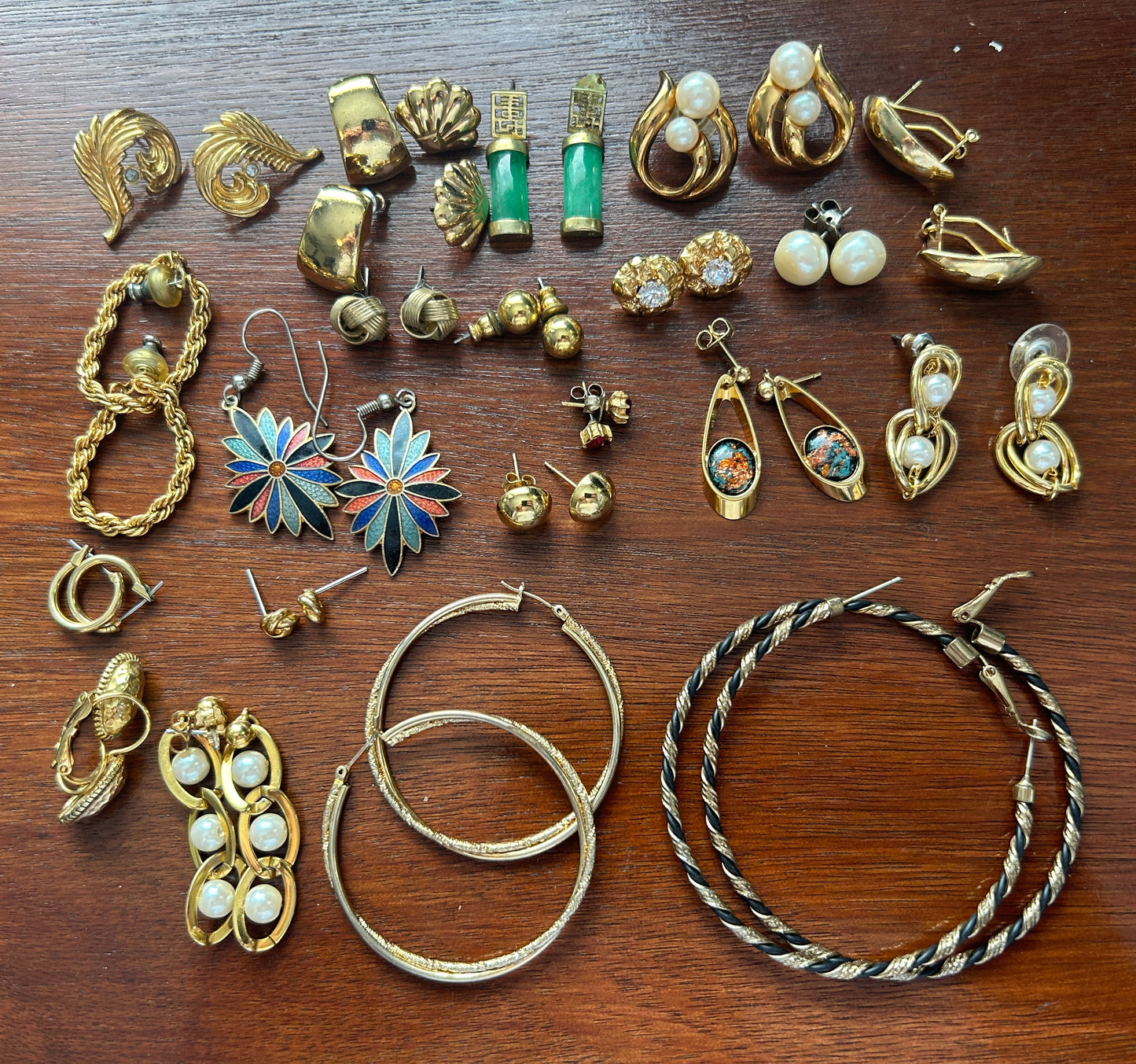 Lot of Vintage Pierced Earrings Gold Tone Faux Pearl Opal Hoops Rhinestone