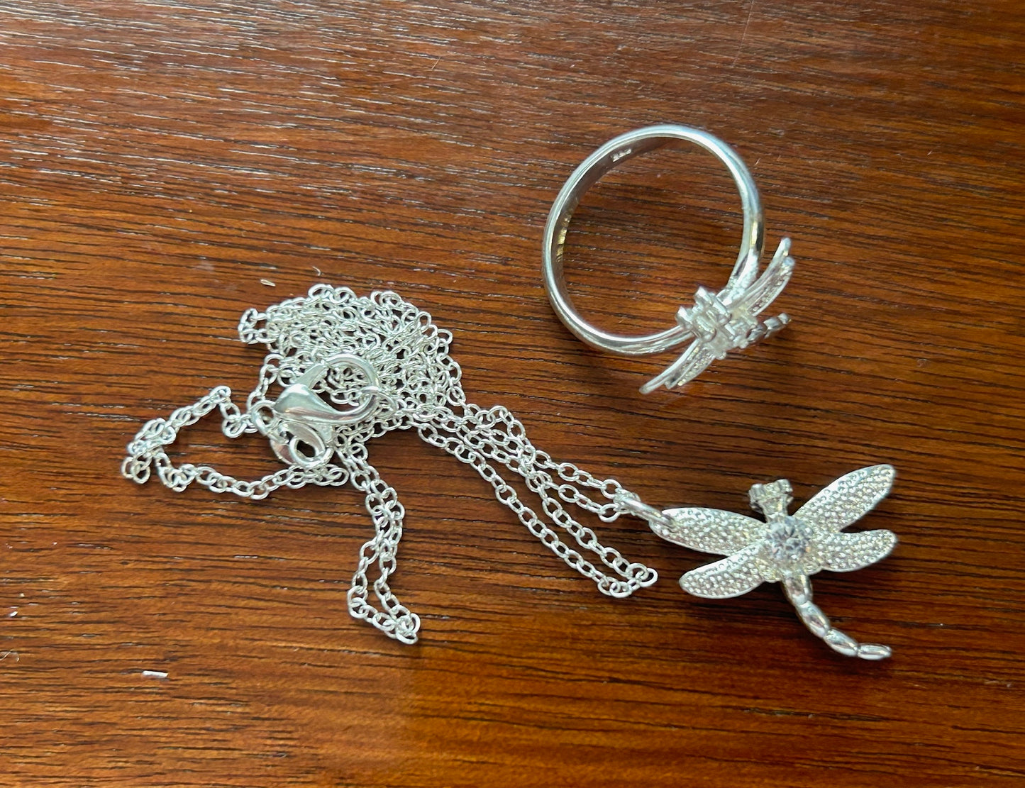 Silver Tone Dragonfly Rhinestone Jewelry Set Cuff Bracelet Pendant Necklace Ring