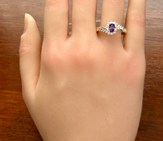 Silver Tone White Purple CZ Faux Amethyst Ring Sz 8.25