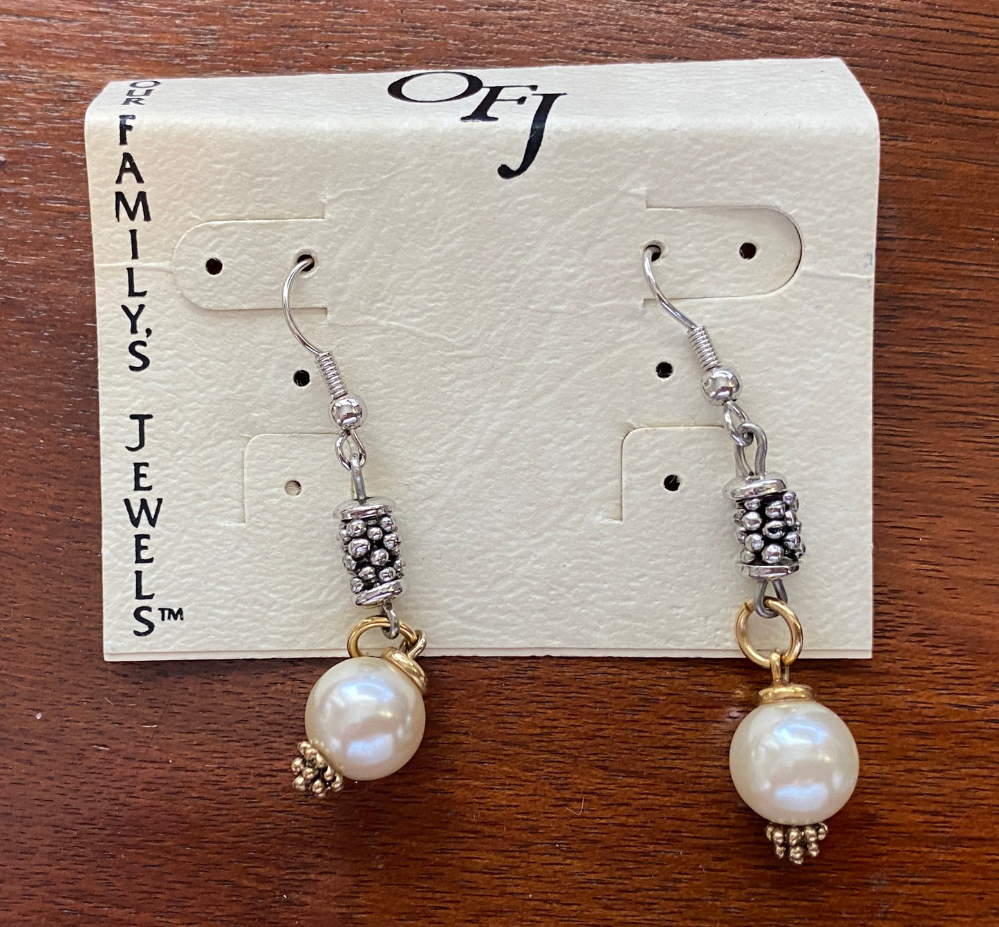 Vintage Silver Gold Tone Faux Pearl Bead Drop Dangly Earrings