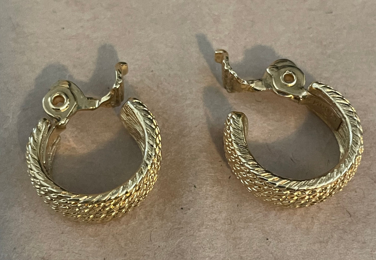 Vintage Gold Tone Monet Rope Design Clip on Hoop Earrings