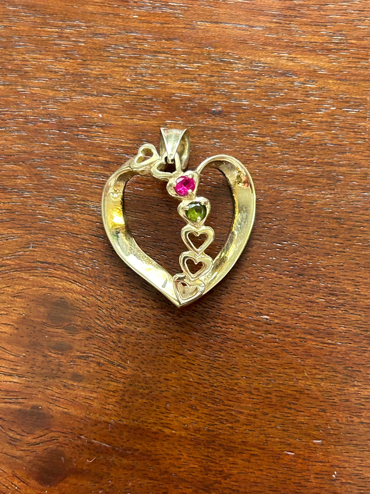 LARGE 14k Yellow Gold Pink Green Gemstone Open Heart Necklace Pendant