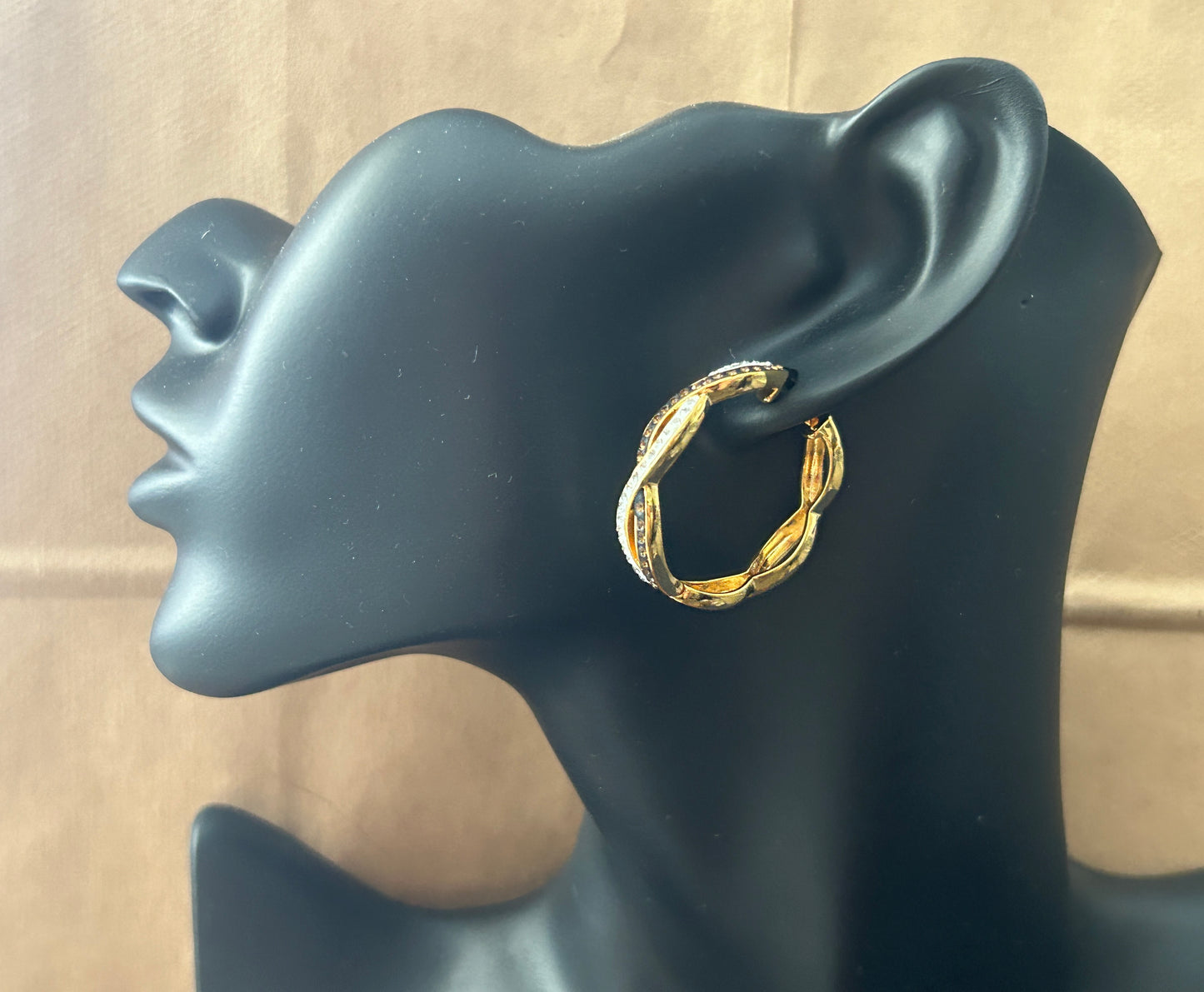 18k Yellow Gold over Brass Brown and White Crystal Large Hoop Earrings