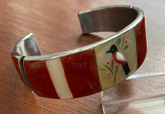 Sterling Silver 925 Red Enamel Mother of Pearl Cardinal Cuff Bracelet