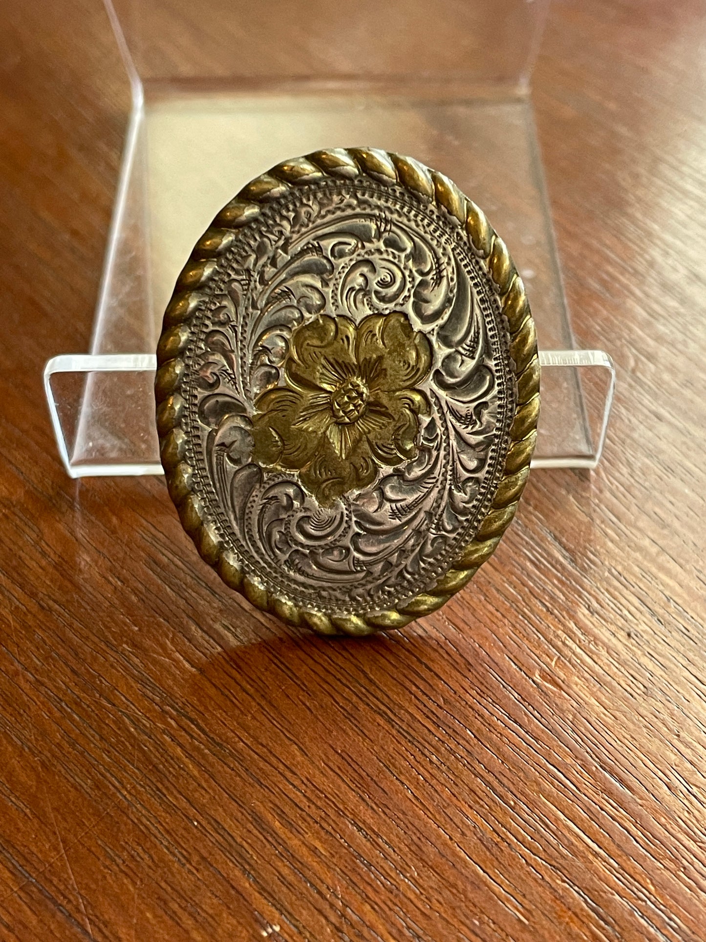 Vintage Two Tone Western Mini Belt Buckle Floral Design