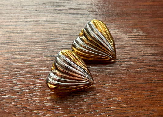 Vintage 14k Tri Tone Gold Filled Signed Amco Ribbed Heart Pierced Earrings