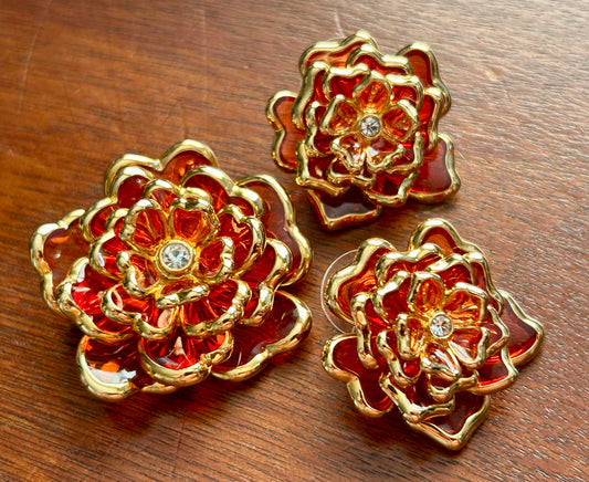 Vintage Joan Rivers Orange Glass Gripoix Flower Brooch Pierced Earrings Set