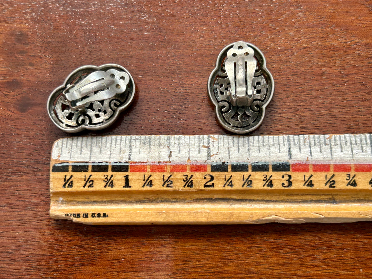 Vintage Sterling Silver 925 Marcasite Red Stone Large Open Work Clip On Earrings