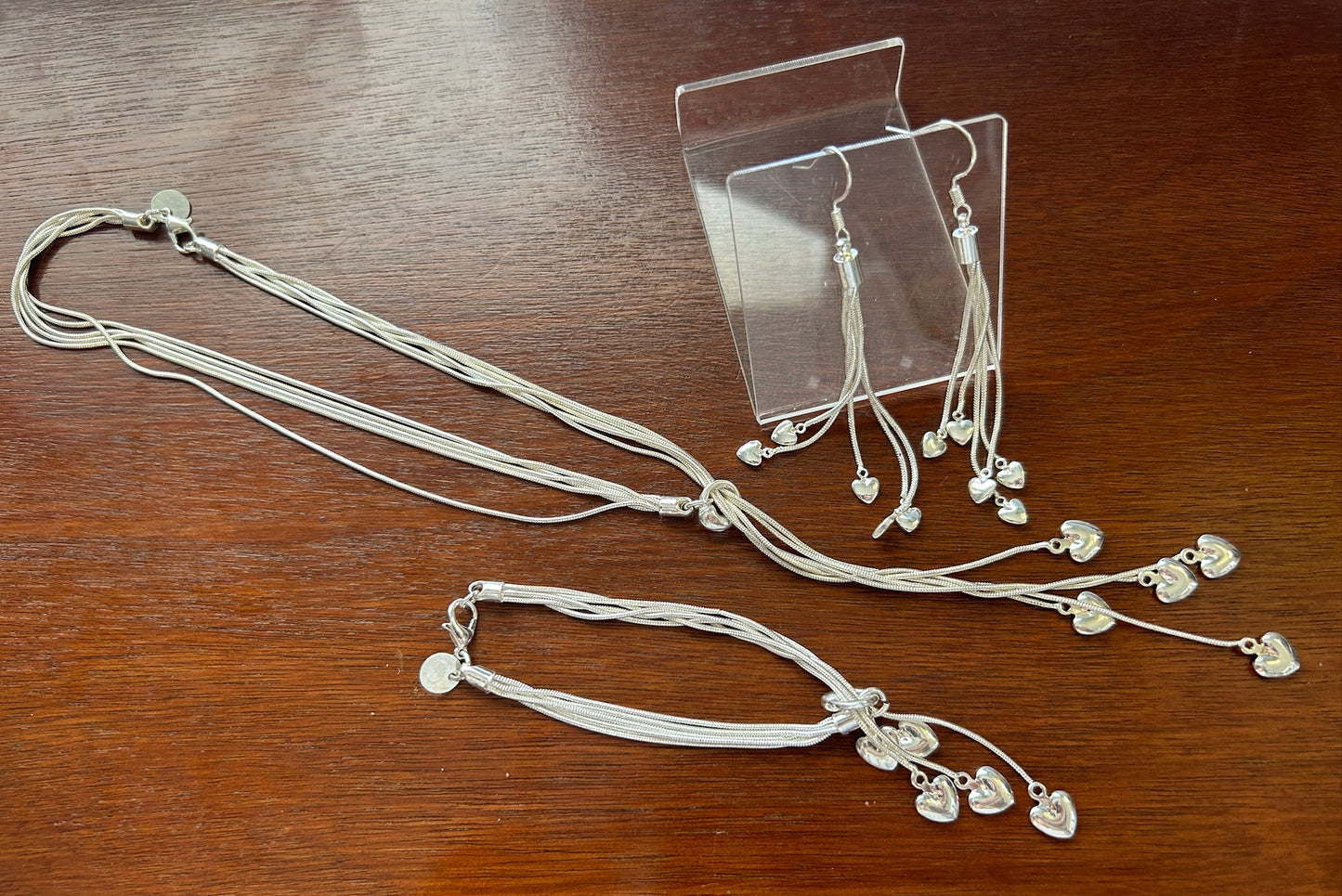 Silver Tone Jewelry Set Lariat Necklace Bracelet Dangly Earrings Puffy Hearts