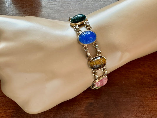 Vintage 1/20 12k Yellow Gold Filled Scarab Gemstone Cabochon Panel Bracelet