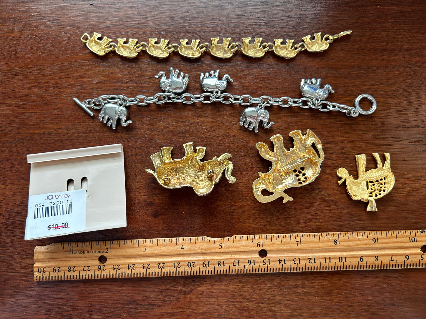 Vintage Elephant Animal Brooch Pin Bracelet  Lot Enamel Gold Tone Rhinestones