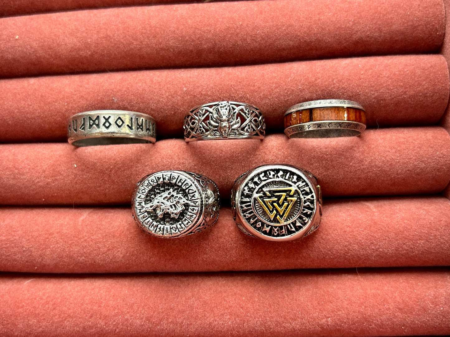 Lot of 5 Mens Rings Norse Viking Theme Runes Wood Inlay Signet Silver Tone