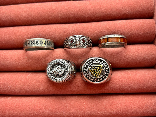 Lot of 5 Mens Rings Norse Viking Theme Runes Wood Inlay Signet Silver Tone