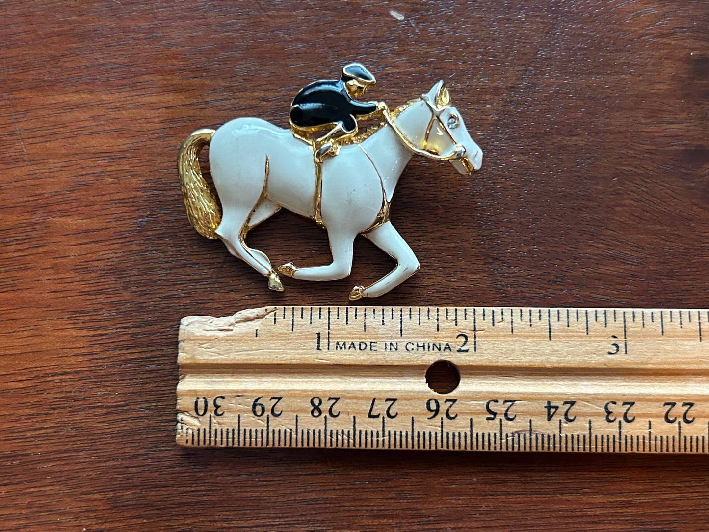 Vintage Gold Tone Black White Enamel Rhinestone Horse Jockey Derby Brooch Pin